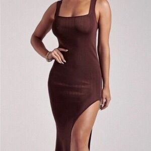 Meshki Jenna Midi Dress Brown Tank Square Neck Slit Bodycon Bandage Chocolate S